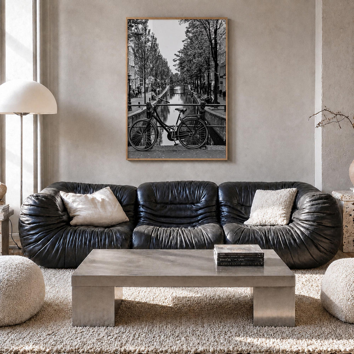 Amsterdam no. 3 black & white photo poster of Netherlands – vertical wall art in natural wood frame, hanging on wall
