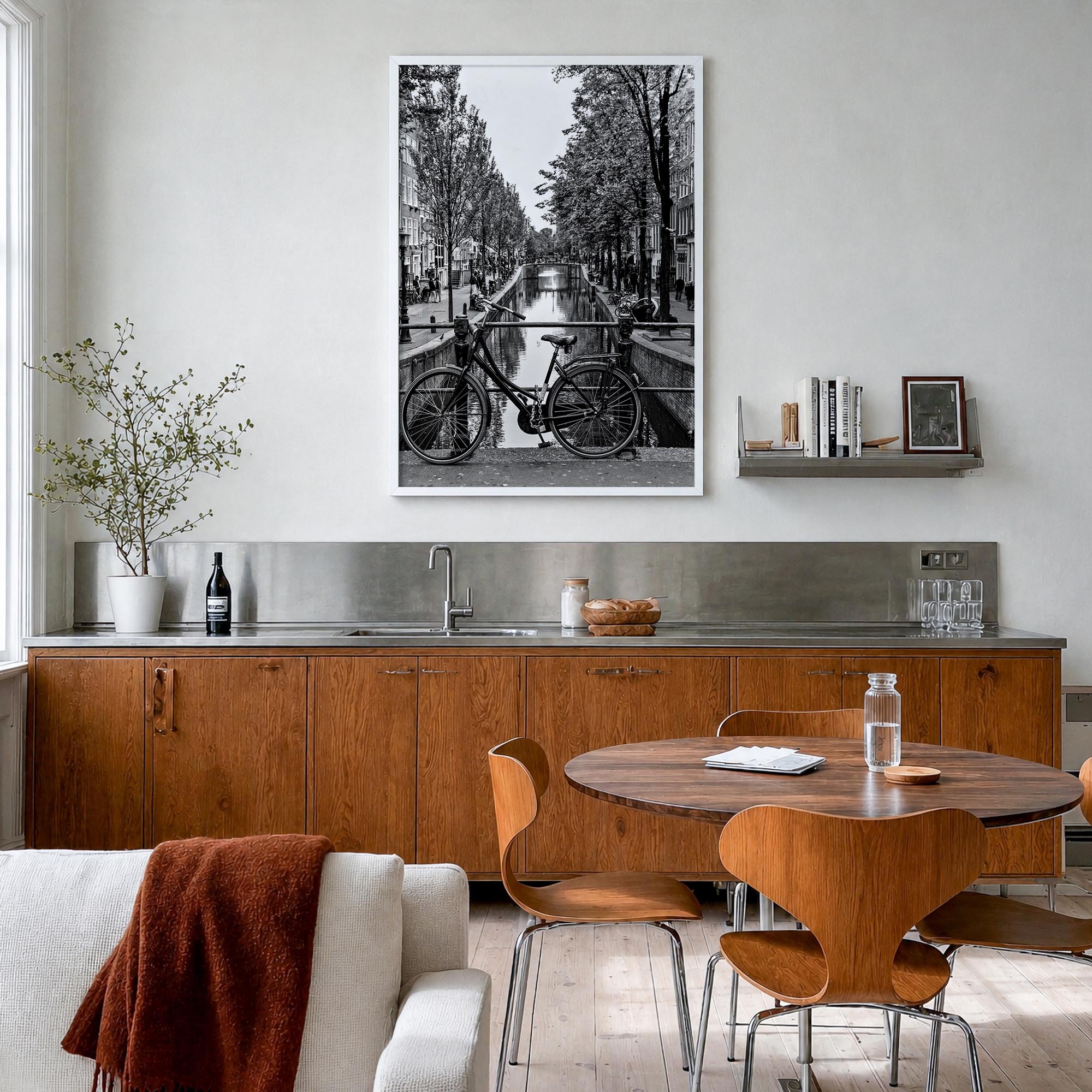 Amsterdam no. 3 black & white photo poster of Netherlands – vertical wall art in white wood frame, hanging on wall