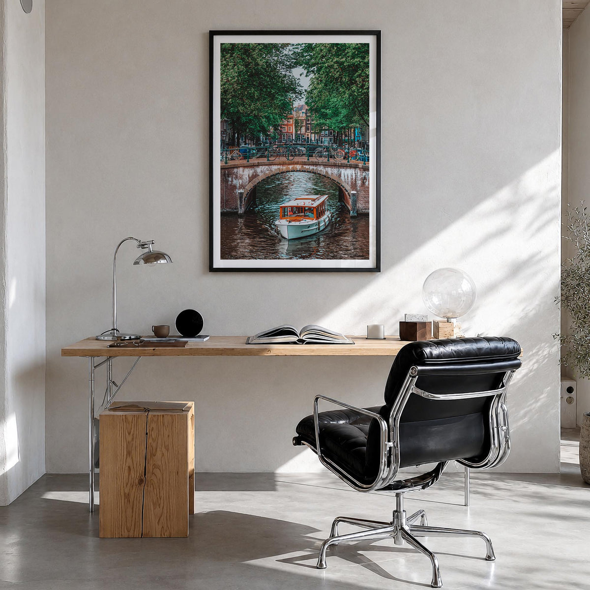 Amsterdam no. 3 colorful photo poster of Netherlands – vertical wall art in black wood frame with white border, hanging on wa