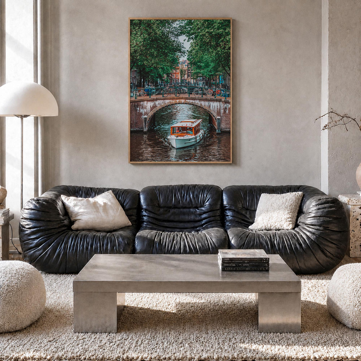 Amsterdam no. 3 colorful photo poster of Netherlands – vertical wall art in natural wood frame, hanging on wall
