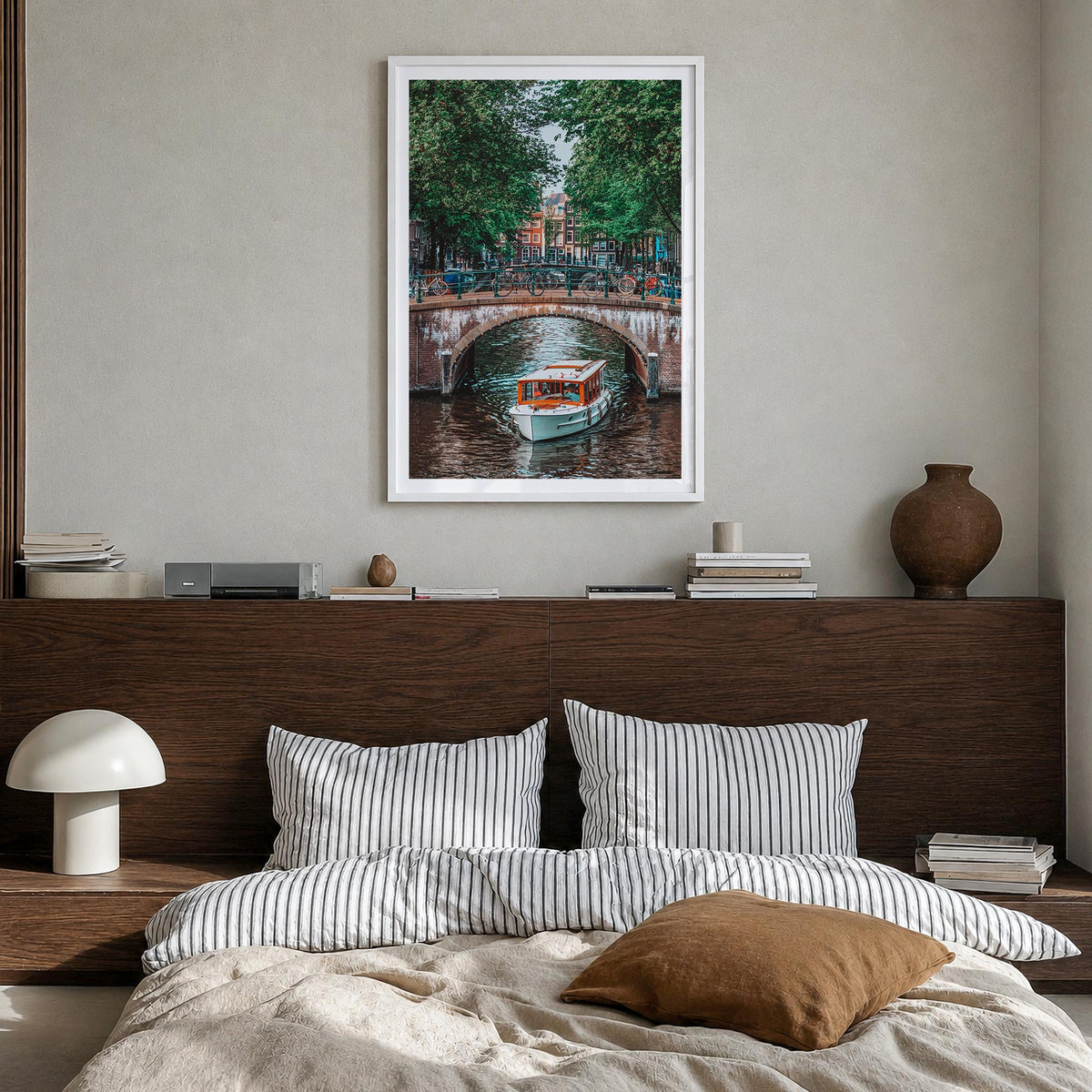 Amsterdam no. 3 colorful photo poster of Netherlands – vertical wall art in white wood frame with white border, hanging on wa