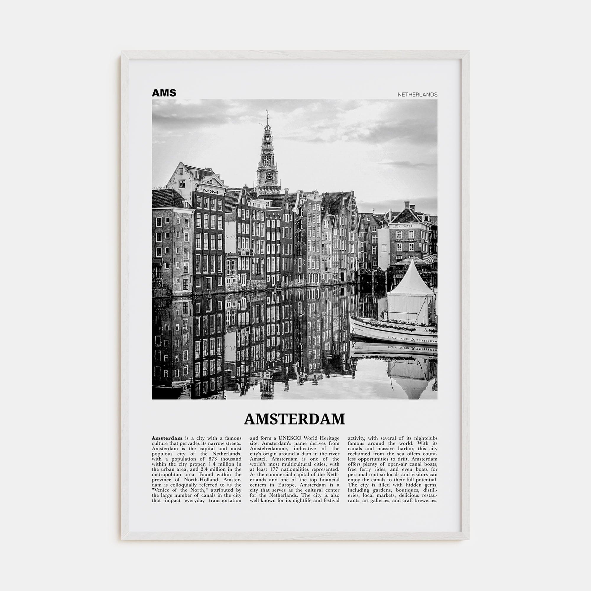 Amsterdam No 3 Poster White Wood / 8x12 in Nbourhood Travel B&W Poster