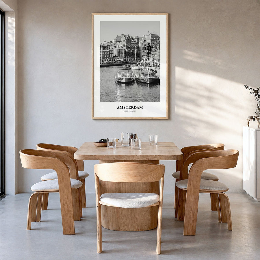 Amsterdam Classic No 1 Poster in a natural wood frame, hanging in a dining room