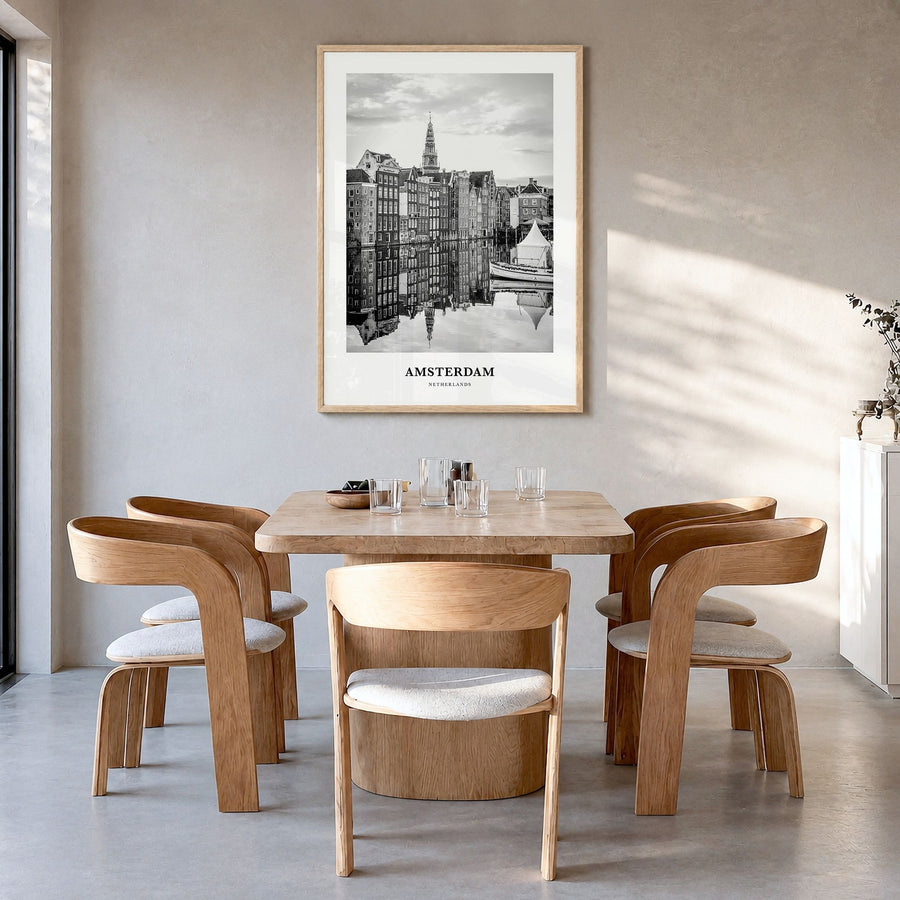 Amsterdam Classic No 3 Poster in a natural wood frame, hanging in a dining room