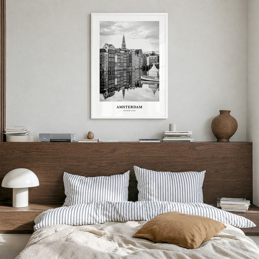 Amsterdam Classic No 3 Poster in a white wood frame, hanging in a bedroom