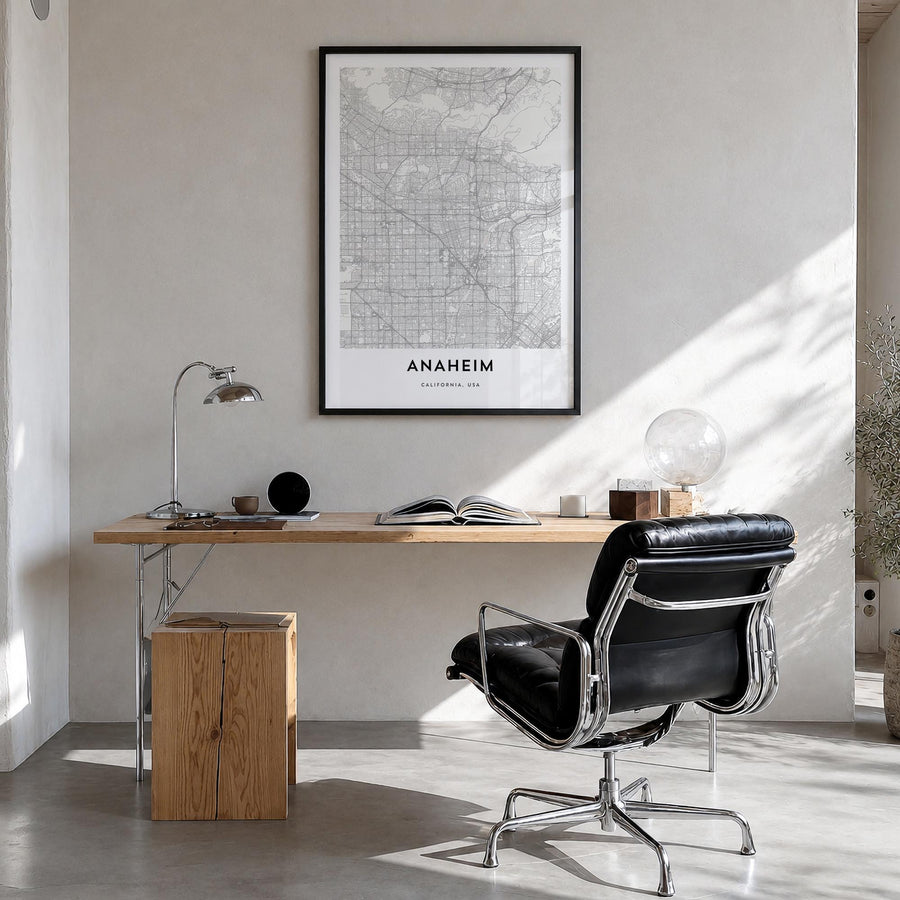 Anaheim black & white map poster of California, USA – vertical wall art in black wood frame, hanging on wall