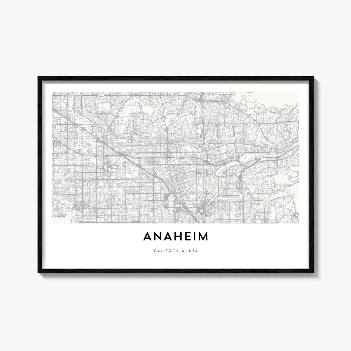 Anaheim black & white map poster of California, USA – horizontal wall art, unframed print shown in interior mockup