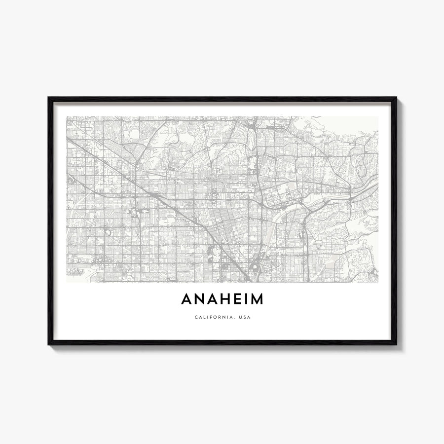 Anaheim black & white map poster of California, USA – horizontal wall art, unframed print shown in interior mockup