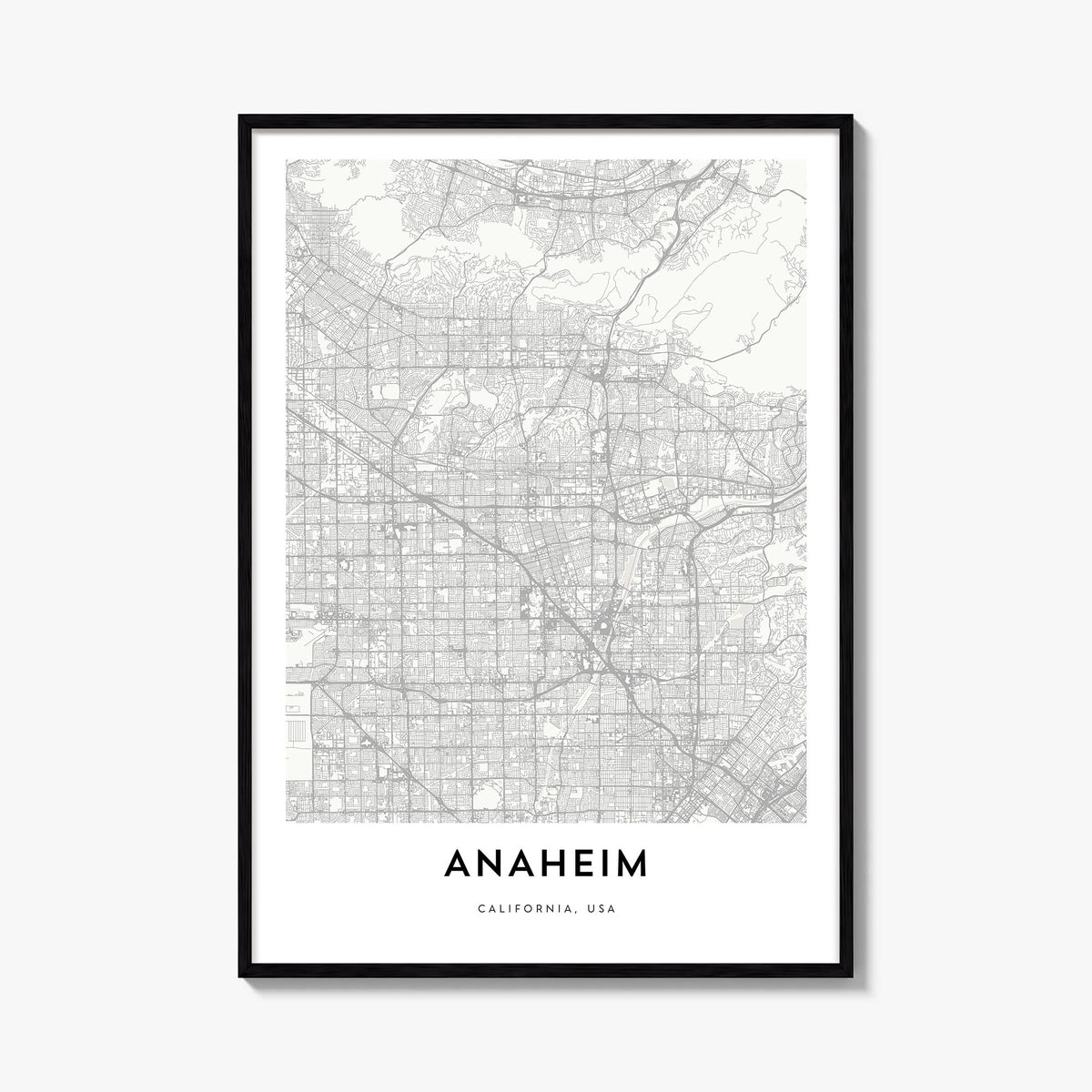 Anaheim black & white map poster of California, USA – vertical wall art, unframed print shown in interior mockup