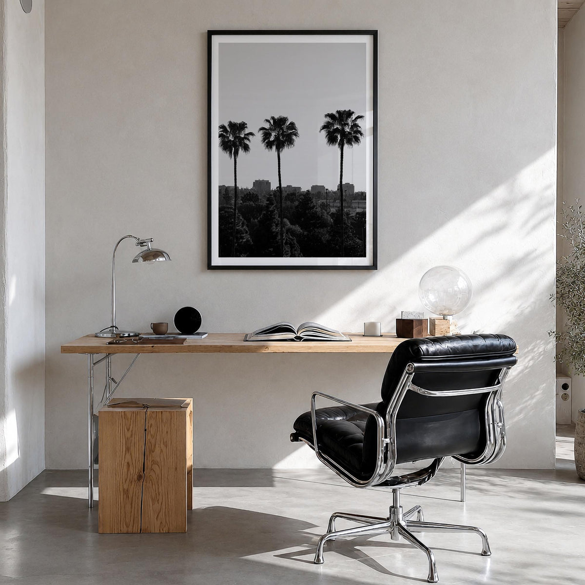 Anaheim black & white photo poster of California, USA – vertical wall art in black wood frame with white border, hanging on w