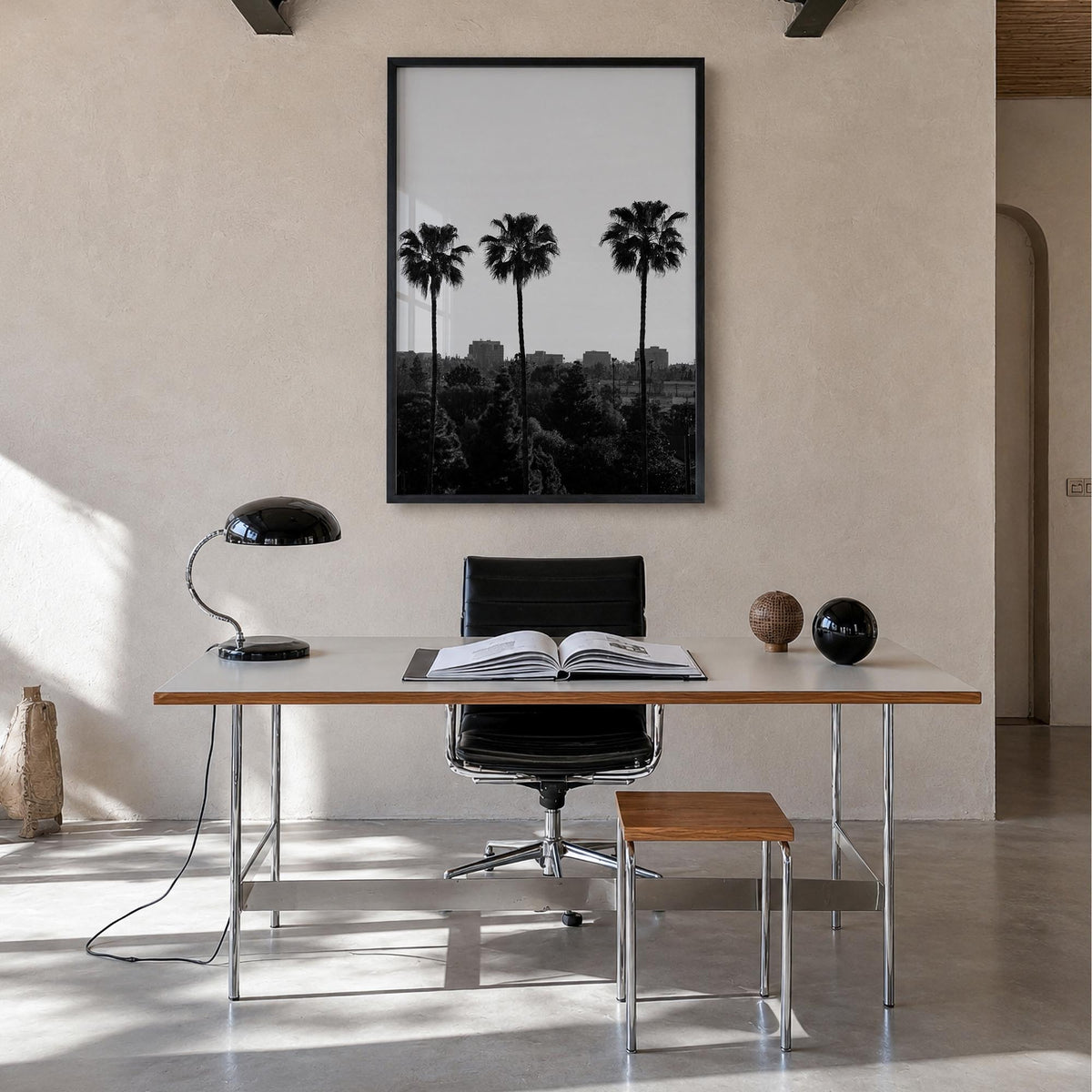 Anaheim black & white photo poster of California, USA – vertical wall art in black wood frame, hanging on wall