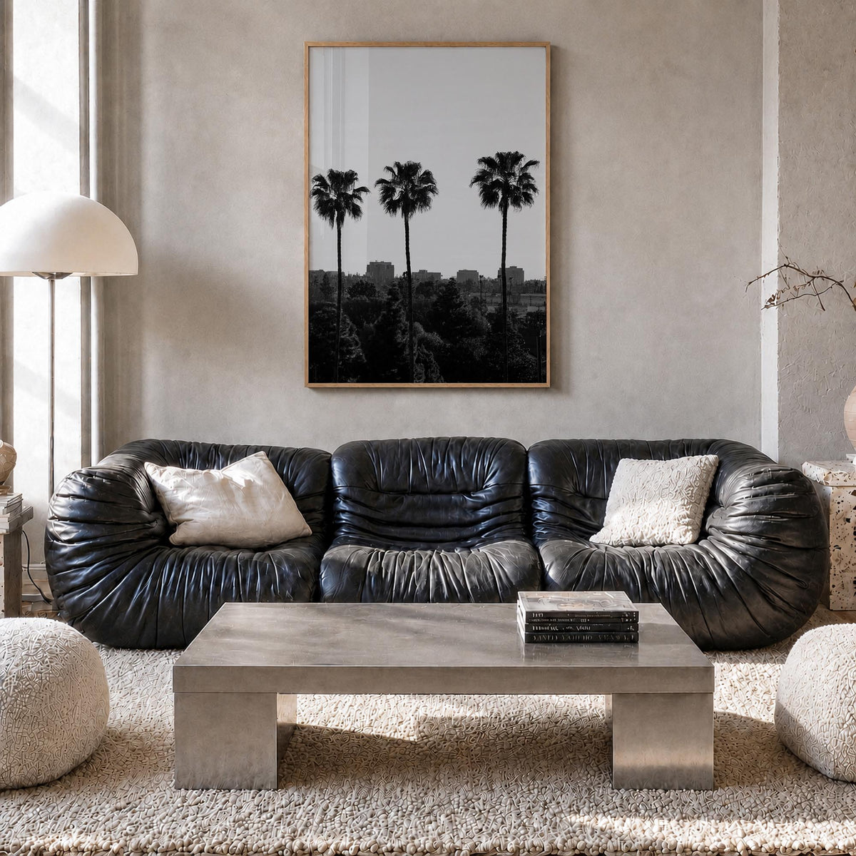Anaheim black & white photo poster of California, USA – vertical wall art in natural wood frame, hanging on wall
