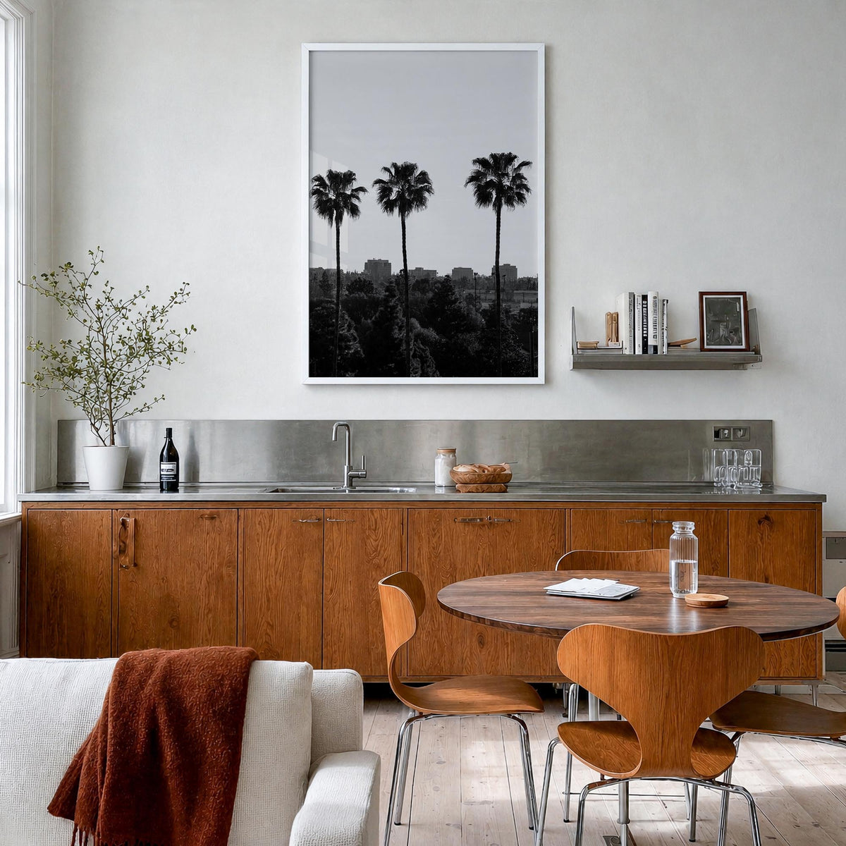 Anaheim black & white photo poster of California, USA – vertical wall art in white wood frame, hanging on wall