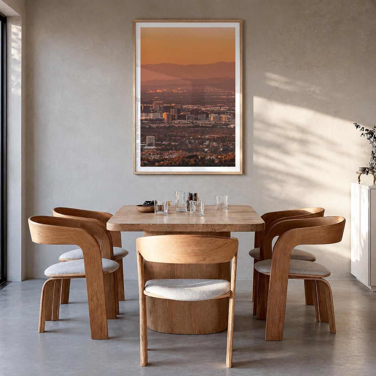 Anaheim colorful photo poster of California, USA – vertical wall art in natural wood frame with white border, hanging on wall