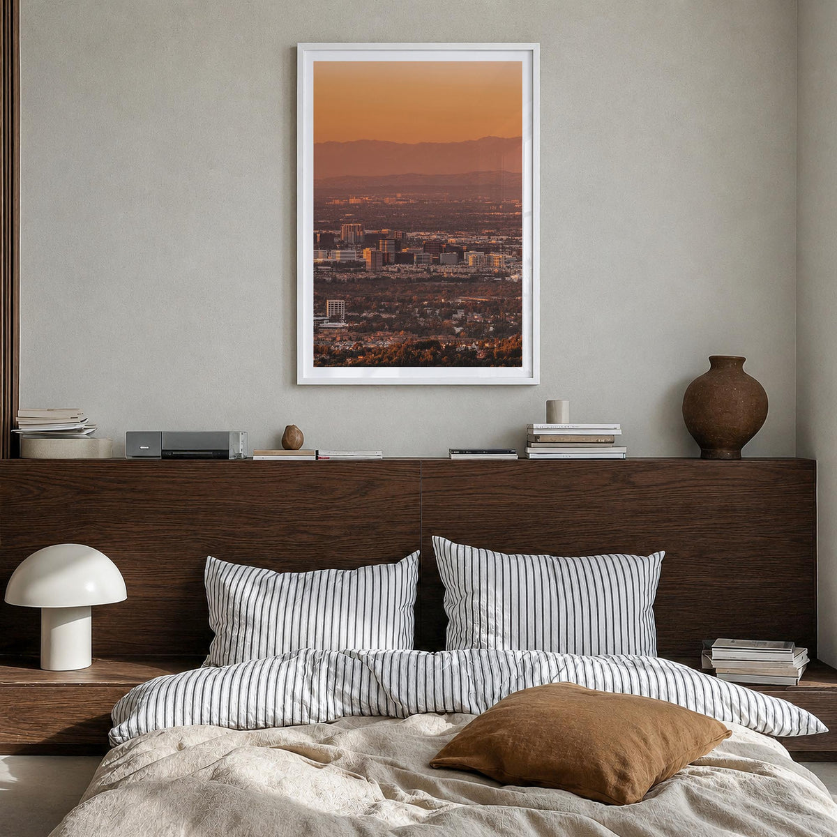 Anaheim colorful photo poster of California, USA – vertical wall art in white wood frame with white border, hanging on wall