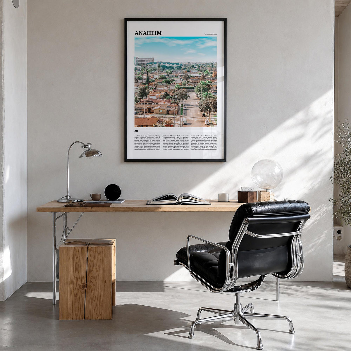 Anaheim colorful travel poster of California, USA – vertical wall art in black wood frame, hanging on wall
