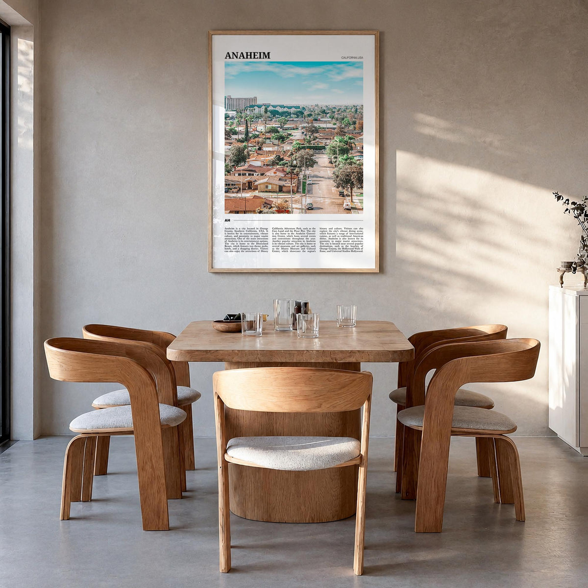 Anaheim colorful travel poster of California, USA – vertical wall art in natural wood frame, hanging on wall
