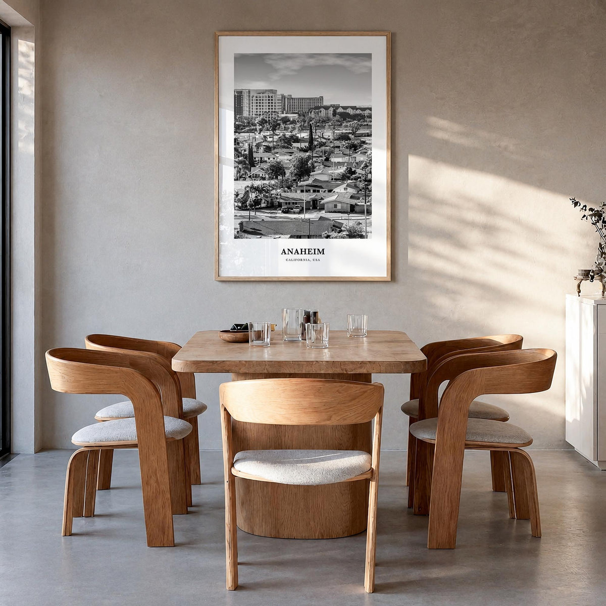 Anaheim no. 1 black & white classic poster of California, USA – vertical wall art in natural wood frame, hanging on wall