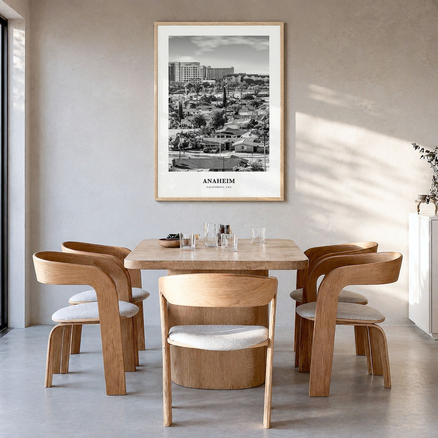 Anaheim Classic No 1 Poster in a natural wood frame, hanging in a dining room