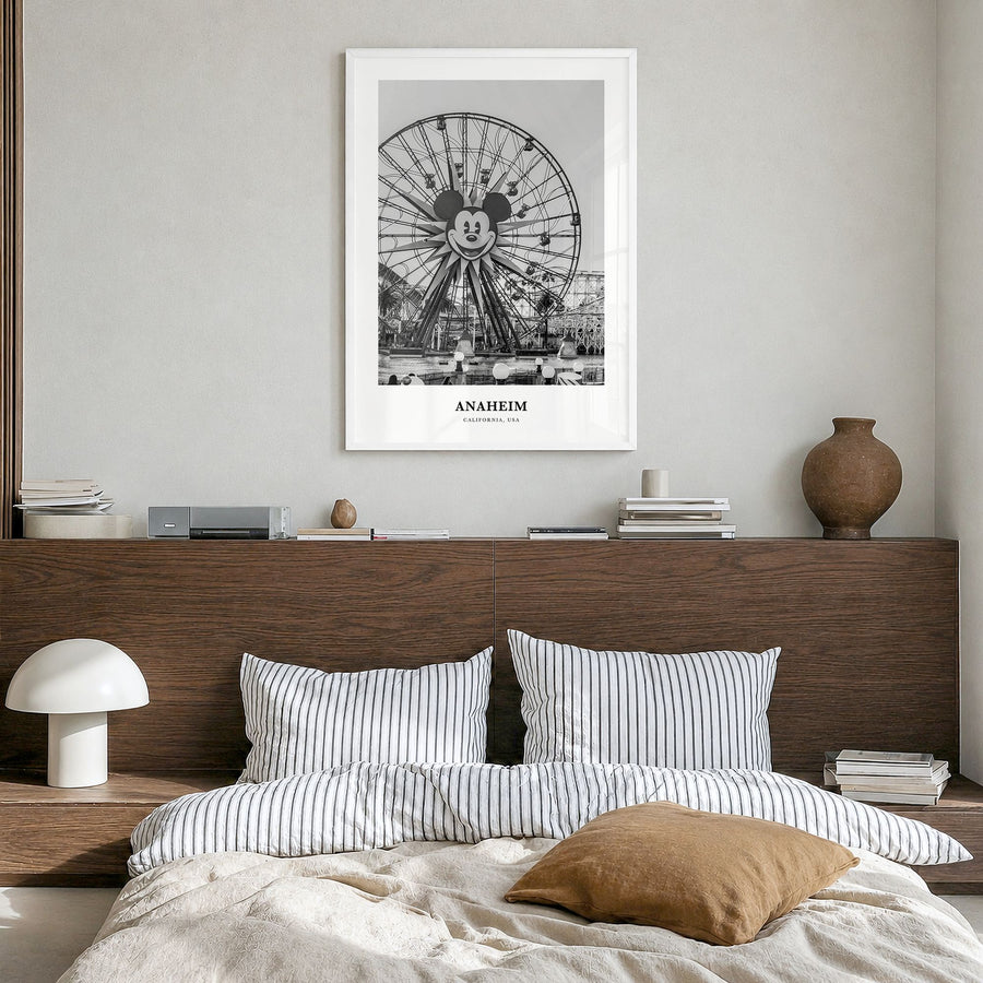 Anaheim Classic No 2 Poster in a white wood frame, hanging in a bedroom