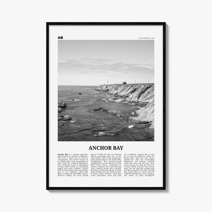 Anchor Bay black & white newspaper poster of California, USA – vertical wall art, unframed print shown in interior mockup