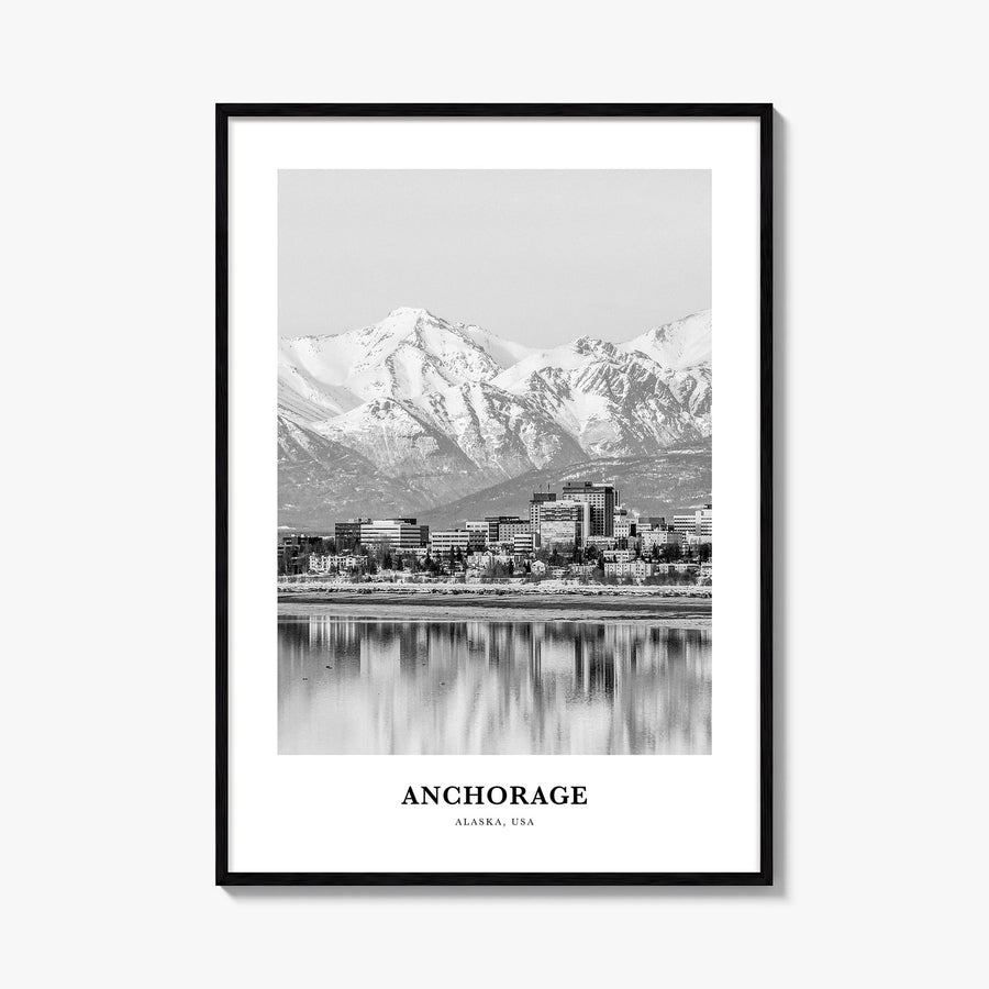 Anchorage black & white classic poster of Alaska, USA – vertical wall art, unframed print shown in interior mockup