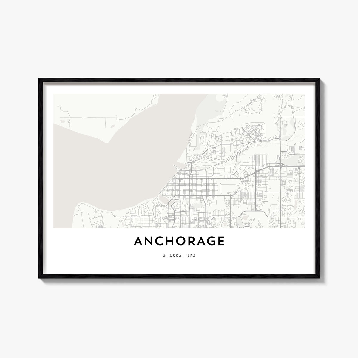 Anchorage black & white map poster of Alaska, USA – horizontal wall art, unframed print shown in interior mockup