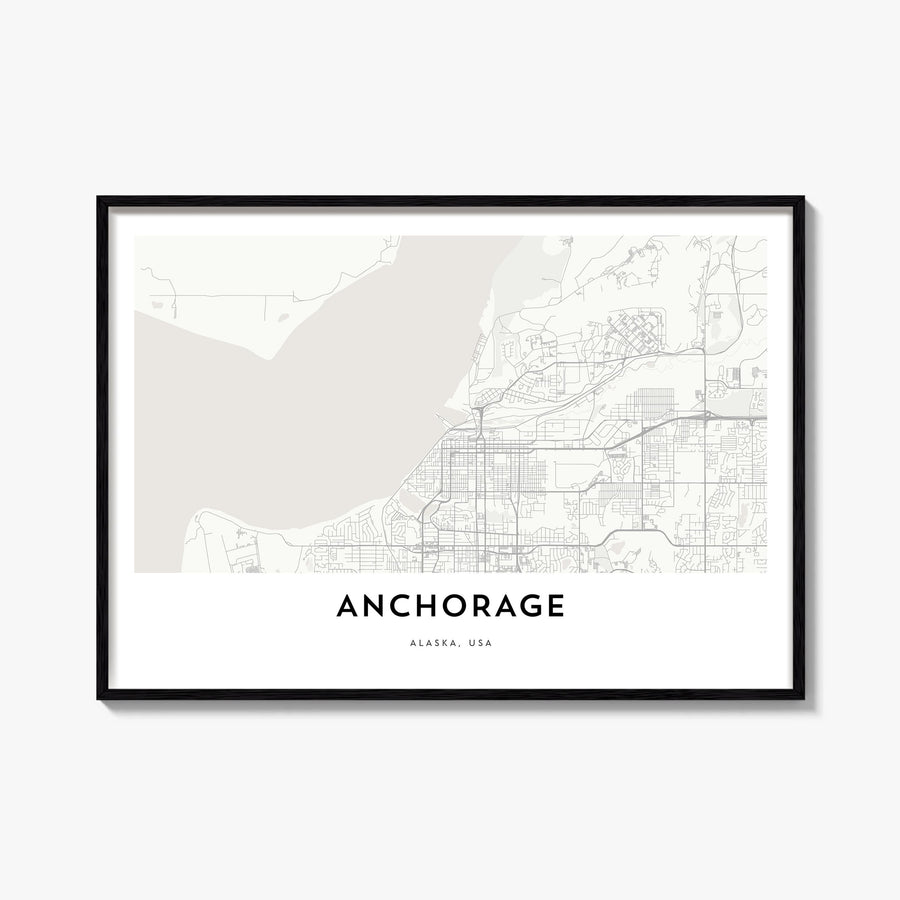 Anchorage black & white map poster of Alaska, USA – horizontal wall art, unframed print shown in interior mockup
