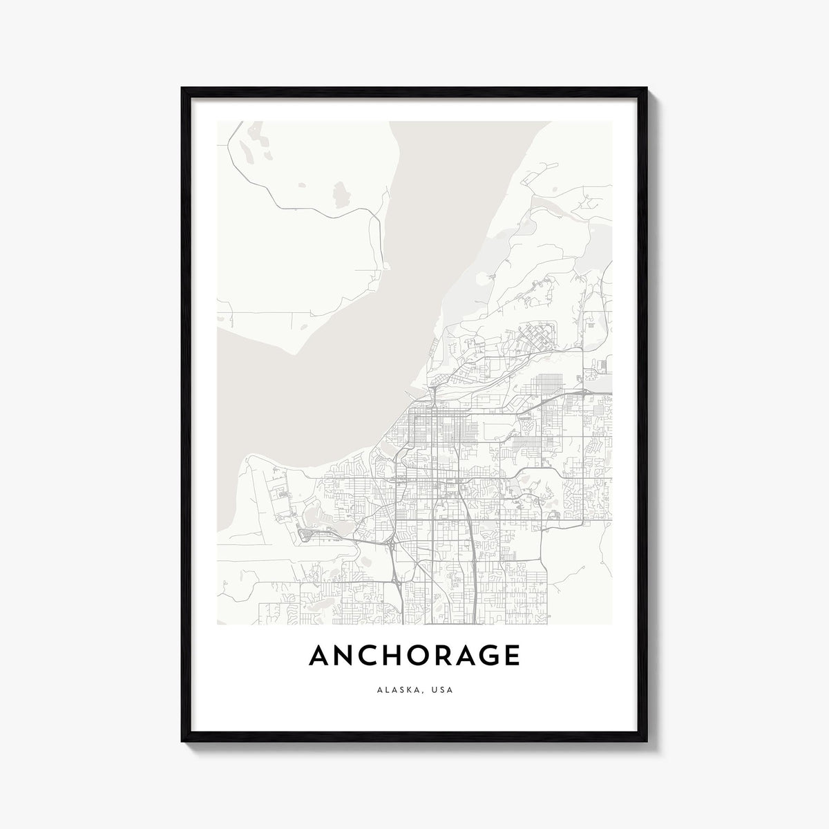 Anchorage black & white map poster of Alaska, USA – vertical wall art, unframed print shown in interior mockup