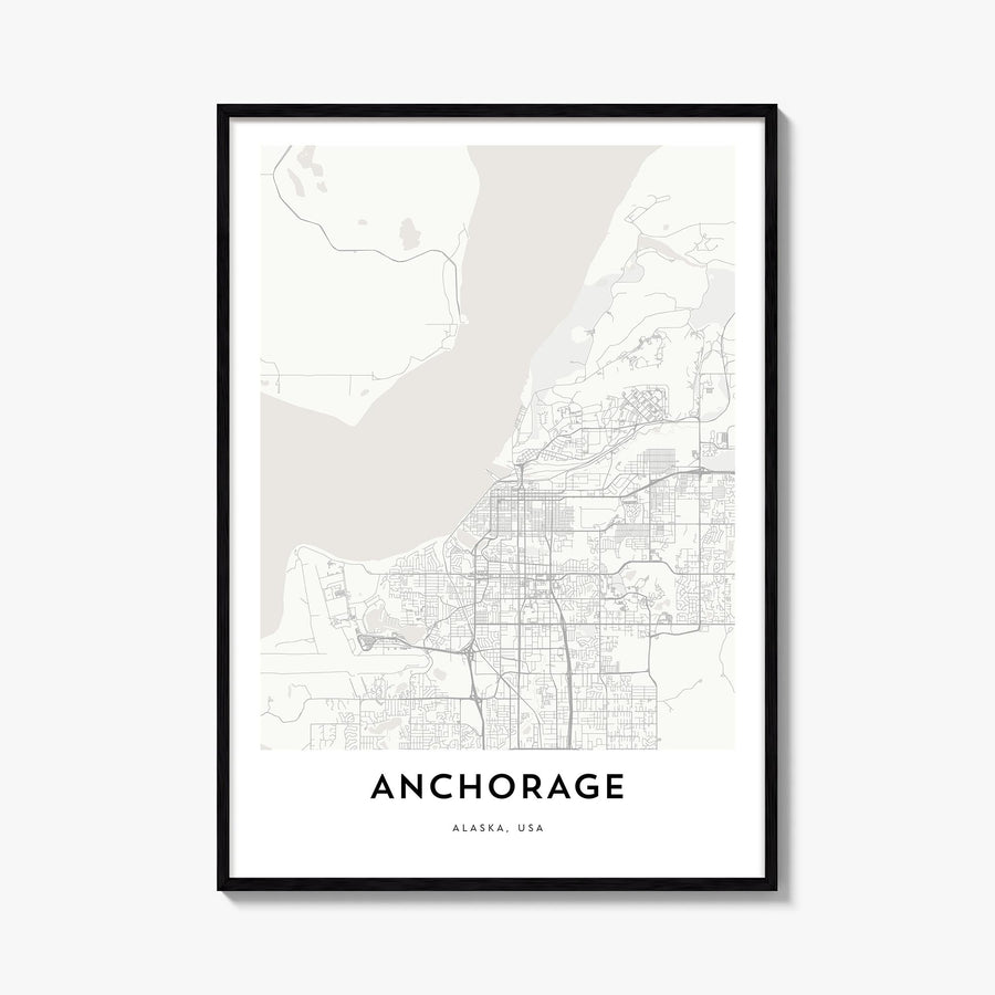 Anchorage black & white map poster of Alaska, USA – vertical wall art, unframed print shown in interior mockup