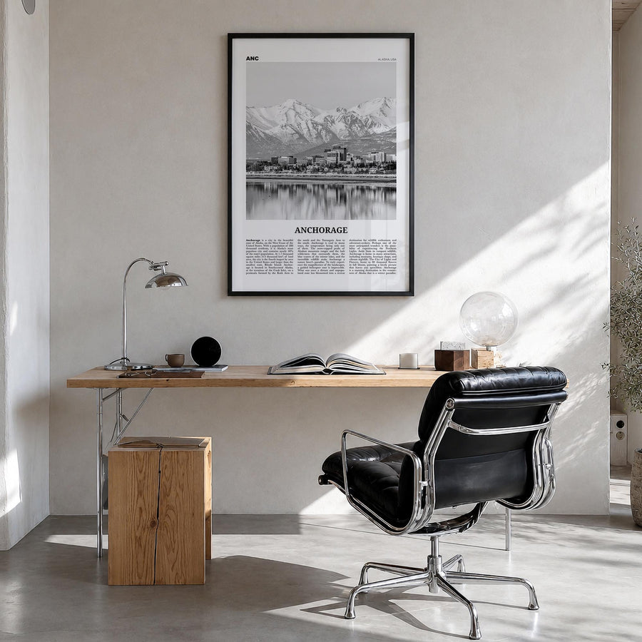 Anchorage black & white newspaper poster of Alaska, USA – vertical wall art in black wood frame, hanging on wall