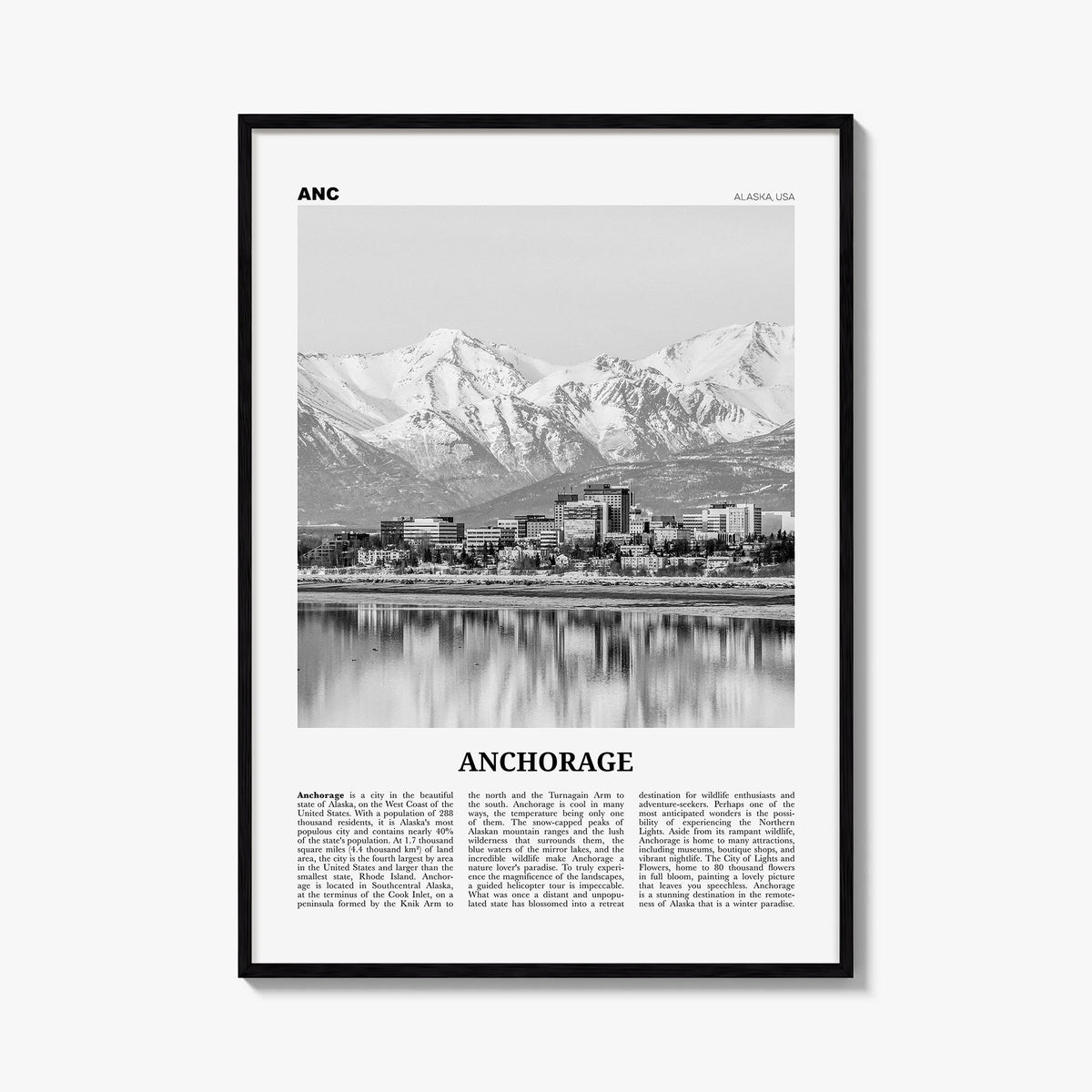 Anchorage black & white newspaper poster of Alaska, USA – vertical wall art, unframed print shown in interior mockup