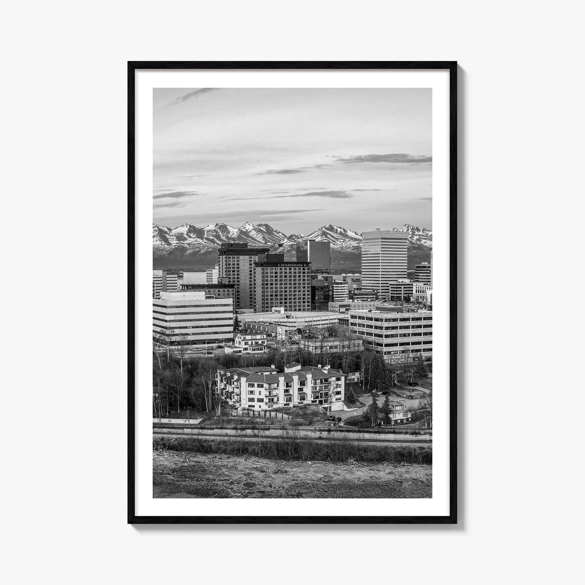 Anchorage black & white photo poster of Alaska, USA – vertical wall art, unframed print shown in interior mockup