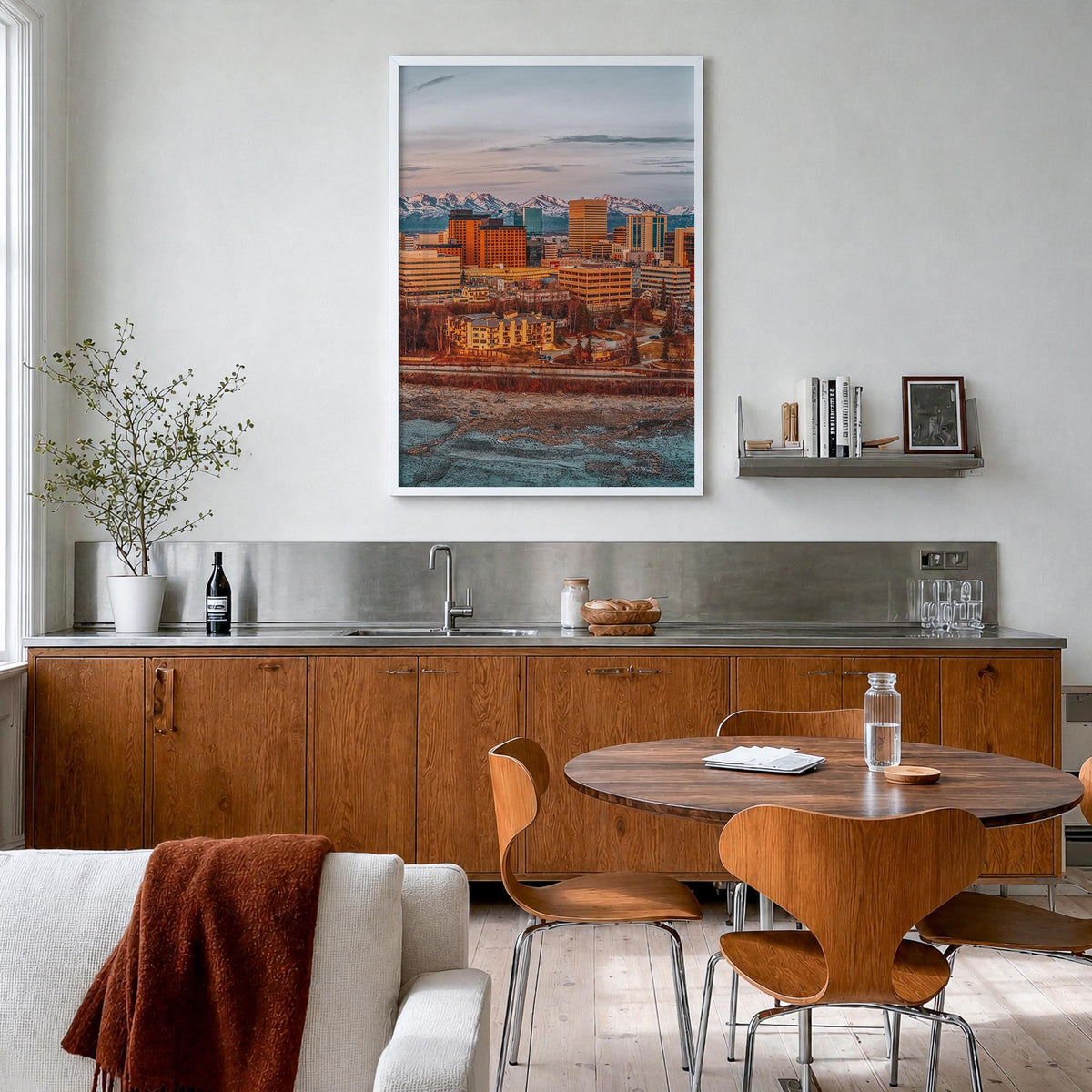Anchorage colorful photo poster of Alaska, USA – vertical wall art in white wood frame, hanging on wall