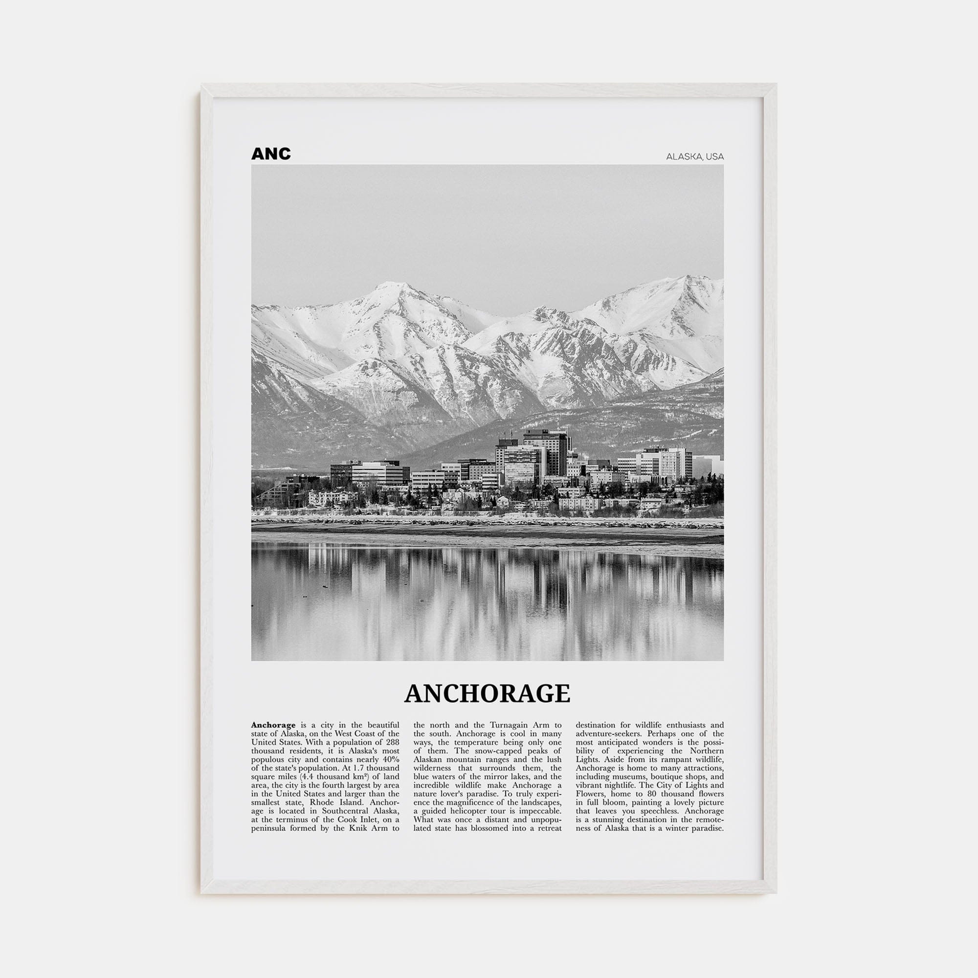 Anchorage Poster White Wood / 8x12 in Nbourhood Travel B&W Poster