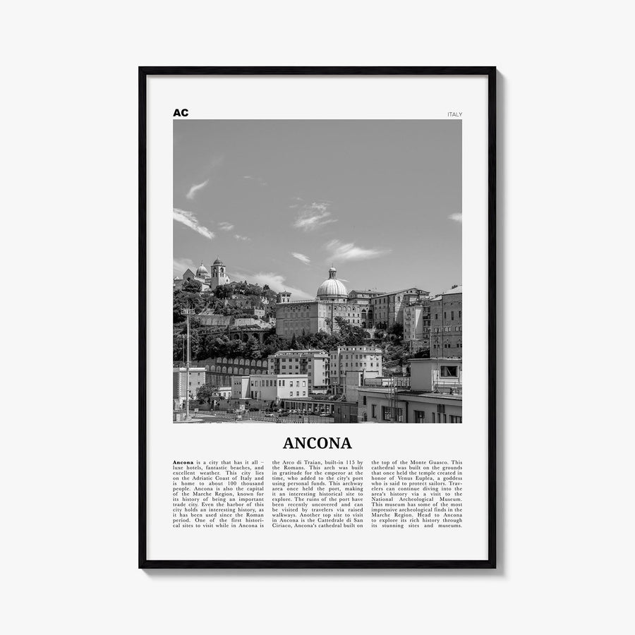 Ancona black & white newspaper poster of Italy – vertical wall art, unframed print shown in interior mockup
