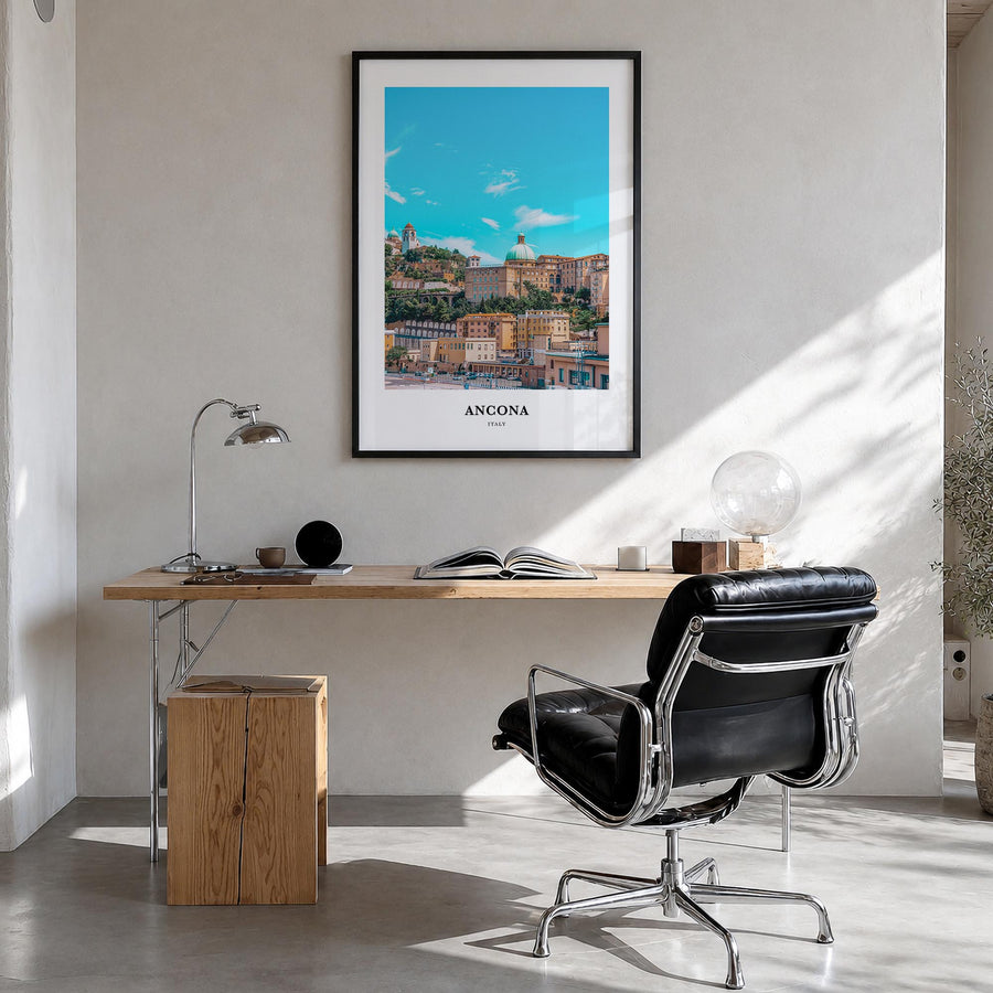 Ancona colorful classic poster of Italy – vertical wall art in black wood frame, hanging on wall