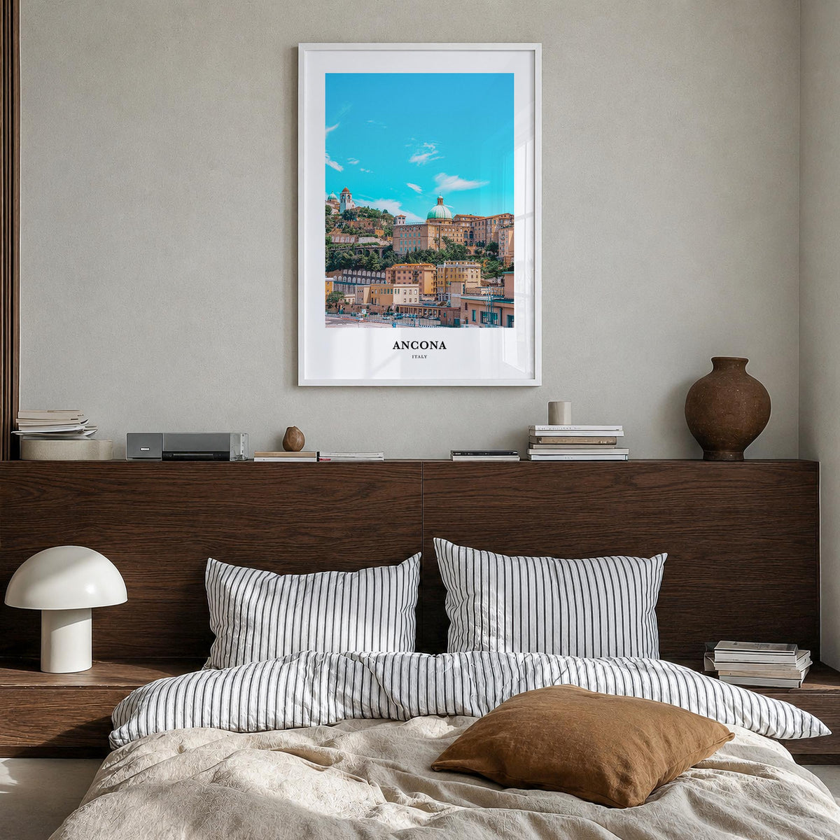Ancona colorful classic poster of Italy – vertical wall art in white wood frame, hanging on wall