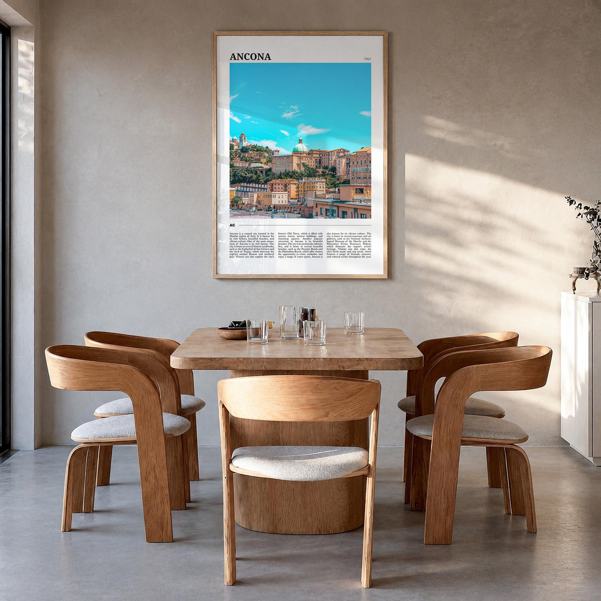 Ancona colorful travel poster of Italy – vertical wall art in natural wood frame, hanging on wall