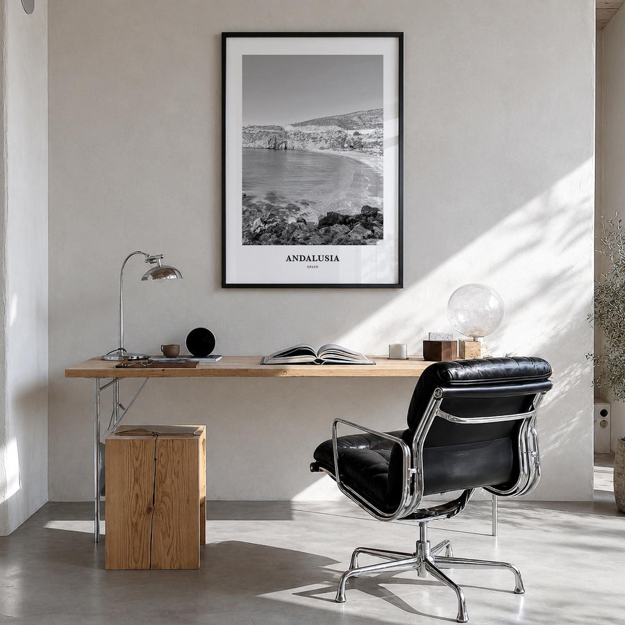 Andalusia no. 1 black & white classic poster of Spain – vertical wall art in black wood frame, hanging on wall