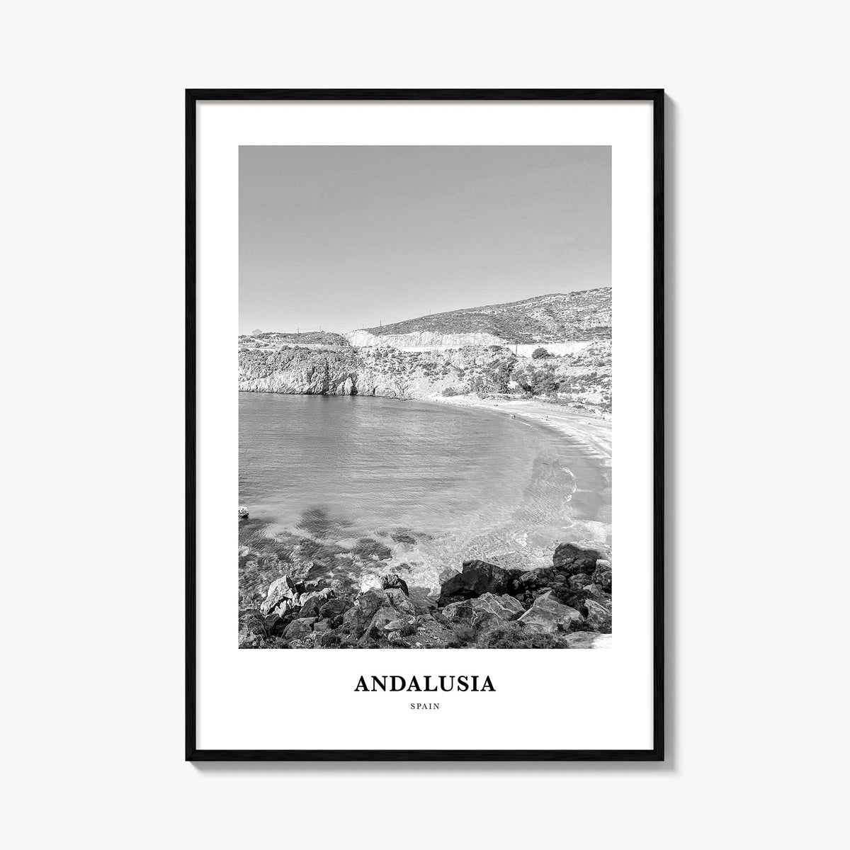 Andalusia no. 1 black & white classic poster of Spain – vertical wall art, unframed print shown in interior mockup