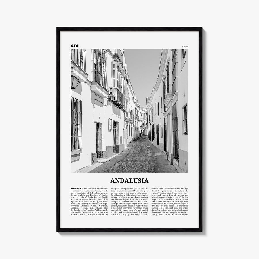 Andalusia no. 1 black & white newspaper poster of Spain – vertical wall art, unframed print shown in interior mockup