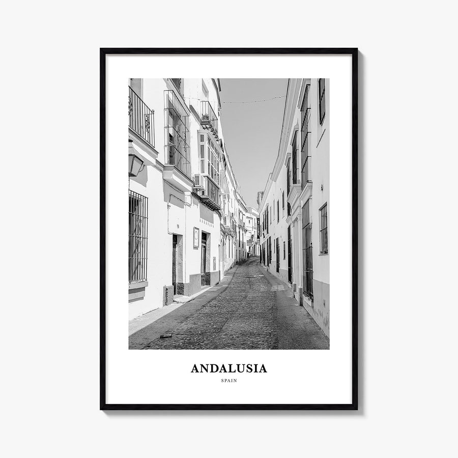 Andalusia no. 2 black & white classic poster of Spain – vertical wall art, unframed print shown in interior mockup