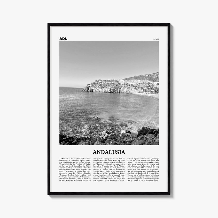 Andalusia no. 2 black & white newspaper poster of Spain – vertical wall art, unframed print shown in interior mockup