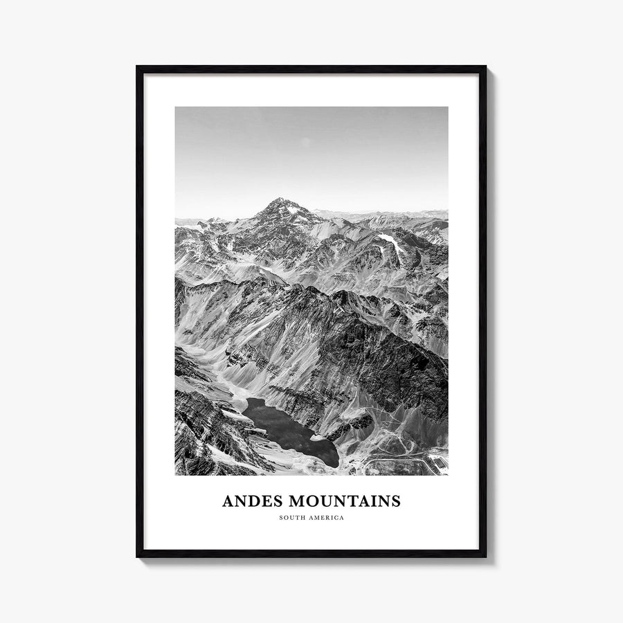 Andes Mountains black & white classic poster of South America – vertical wall art, unframed print shown in interior mockup