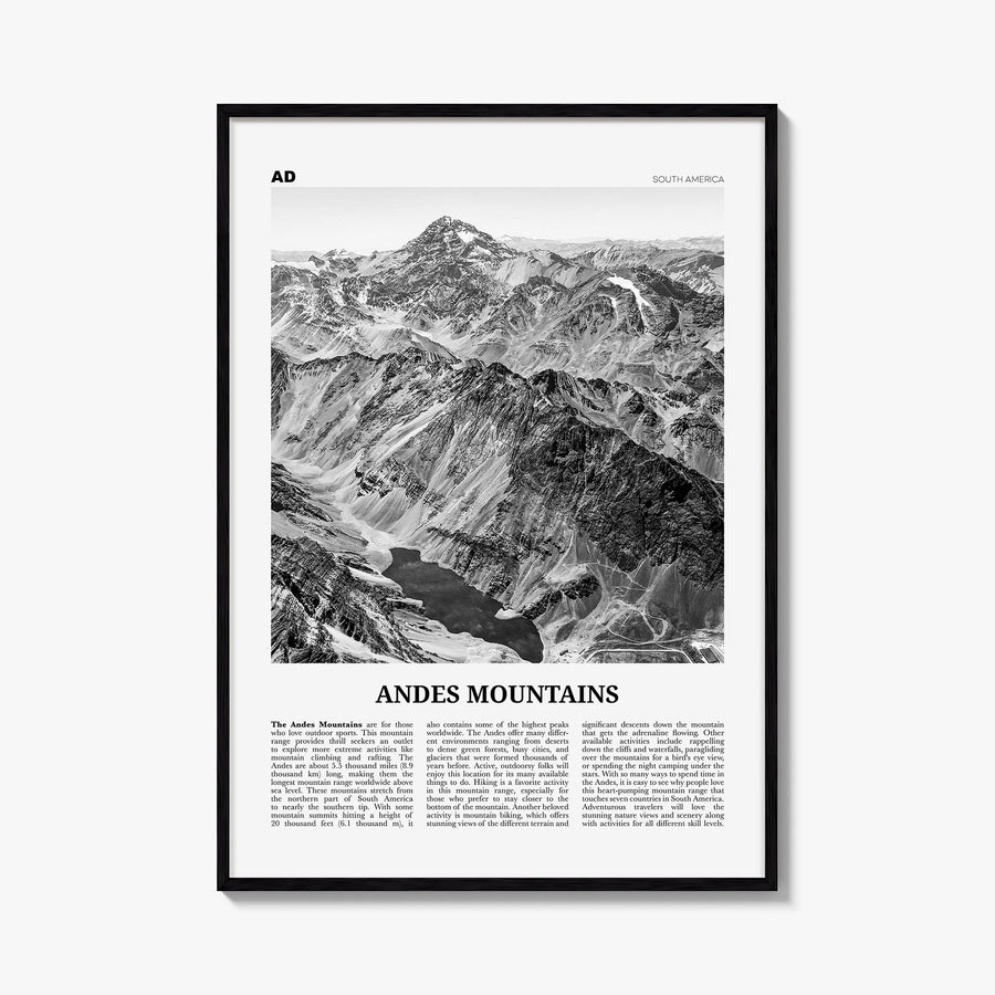Andes Mountains black & white newspaper poster of South America – vertical wall art, unframed print shown in interior mockup