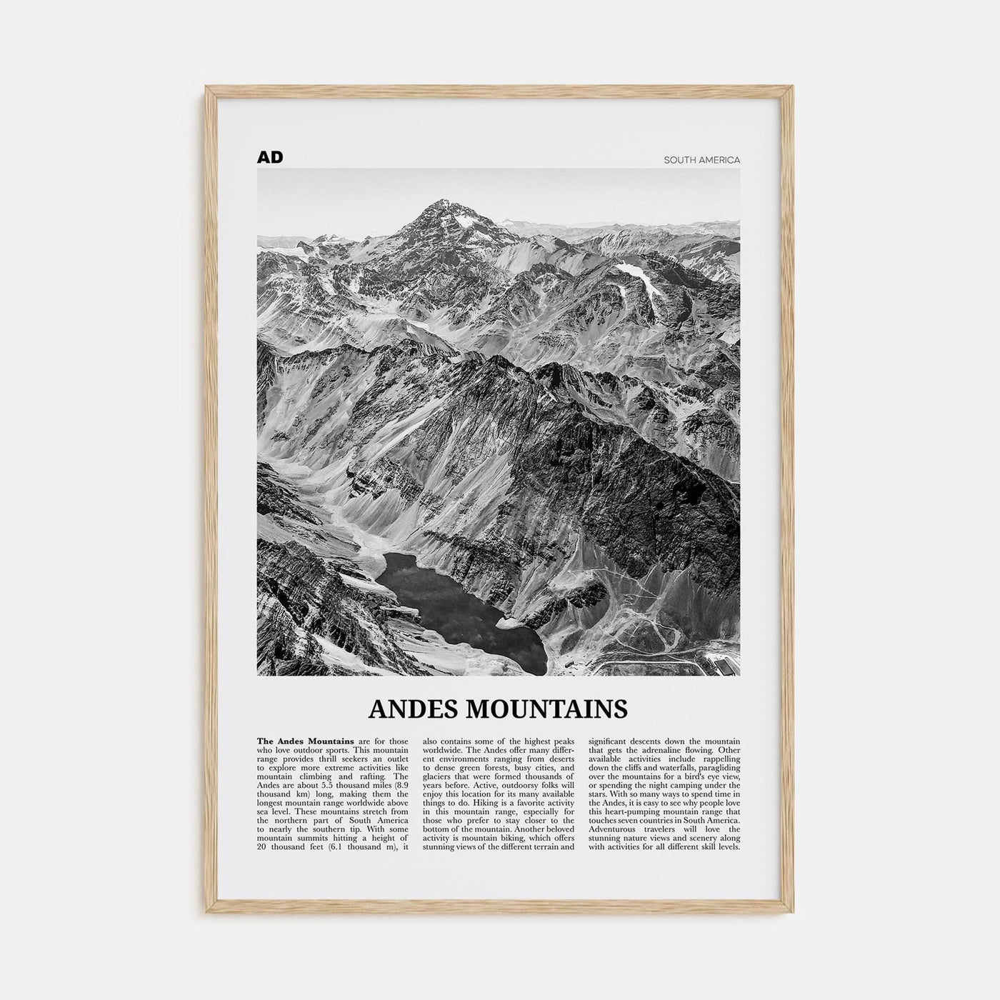 Andes Mountains Poster Natural Wood / 8x12 in Nbourhood Travel B&W Poster