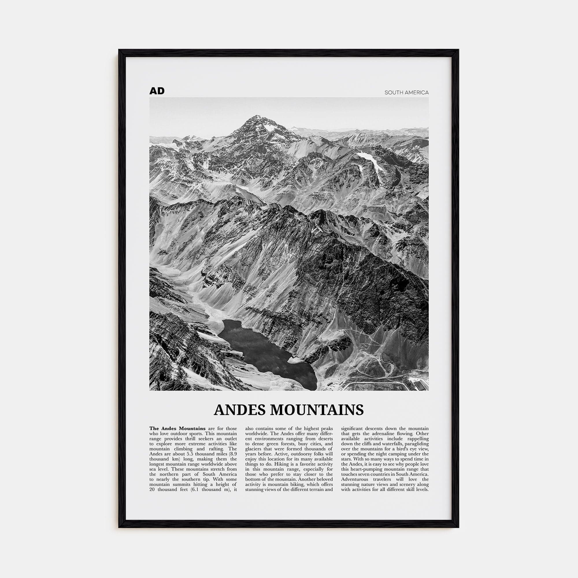 Andes Mountains Poster Black Wood / 8x12 in Nbourhood Travel B&W Poster