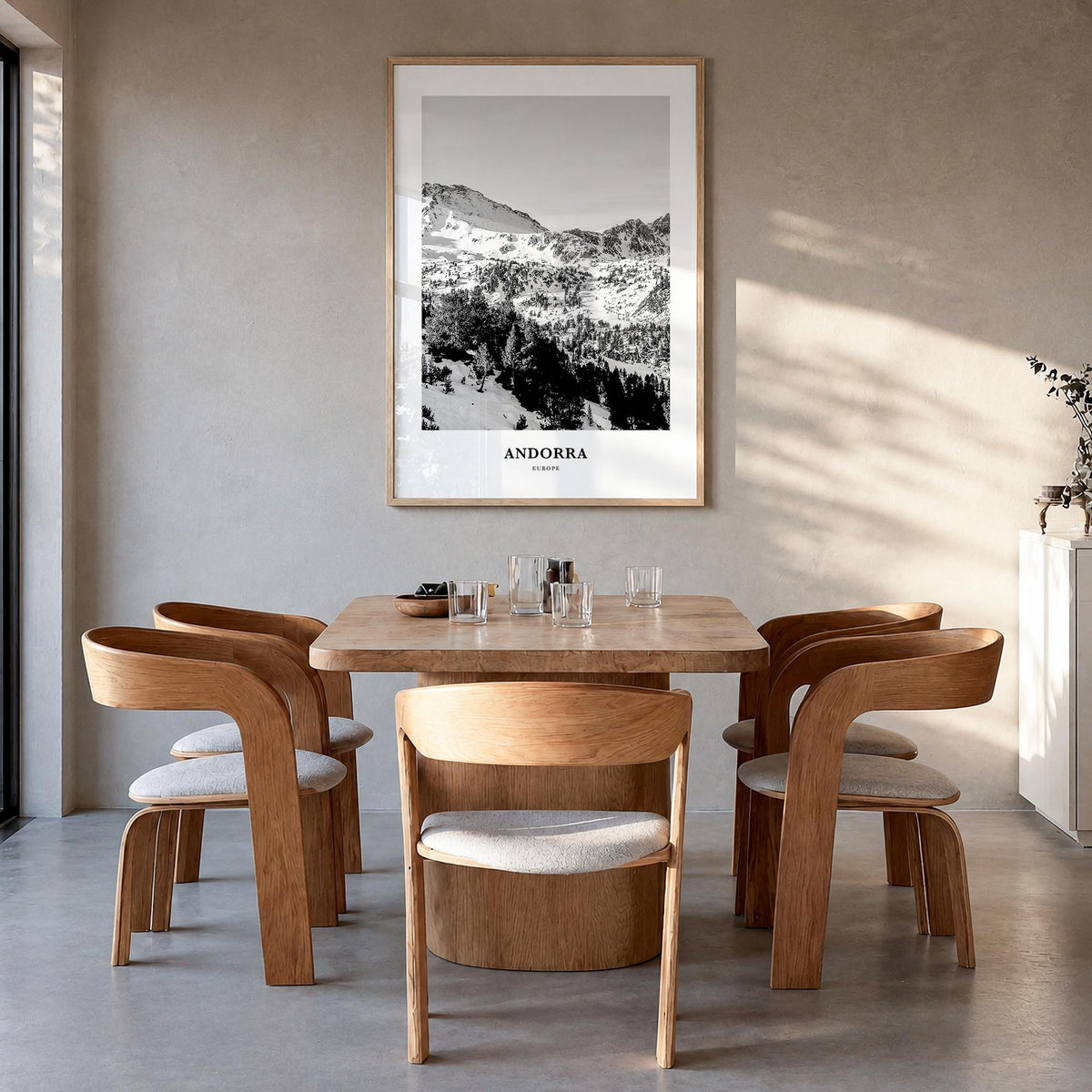 Andorra black & white classic poster of Europe – vertical wall art in natural wood frame, hanging on wall