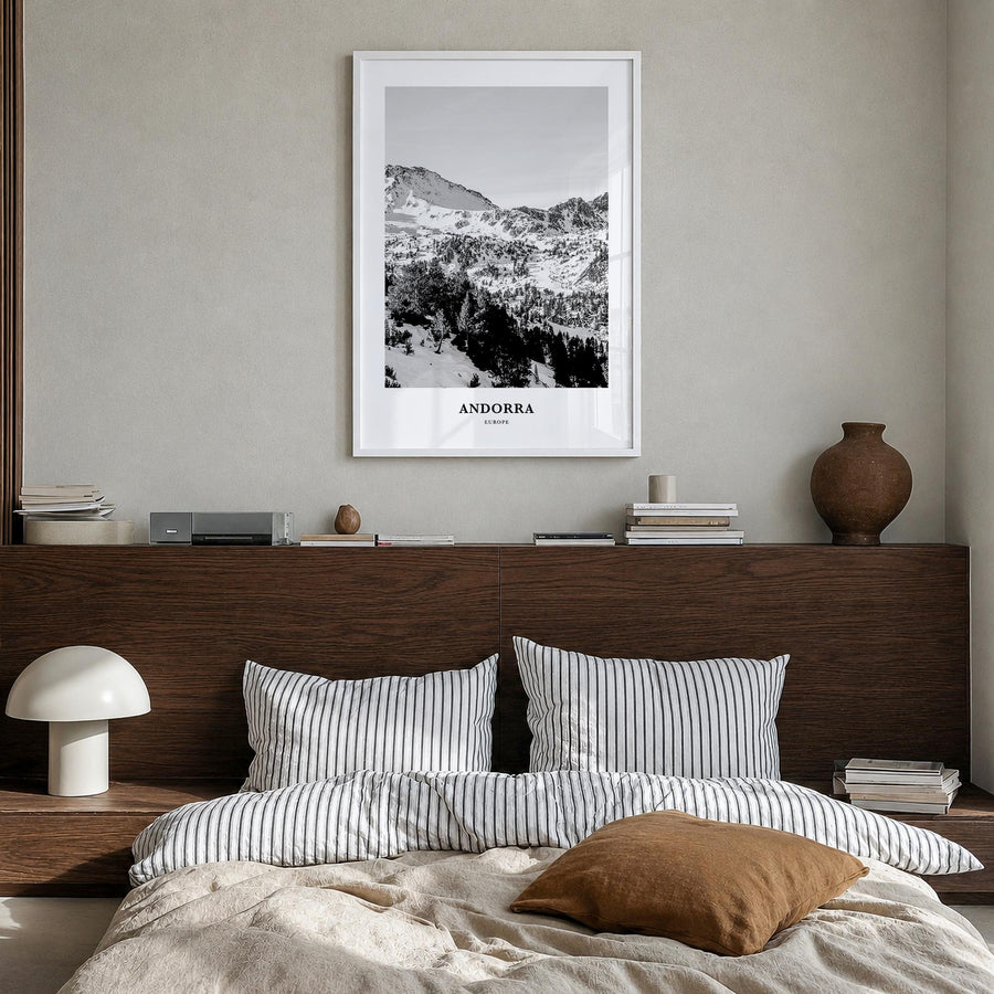 Andorra black & white classic poster of Europe – vertical wall art in white wood frame, hanging on wall